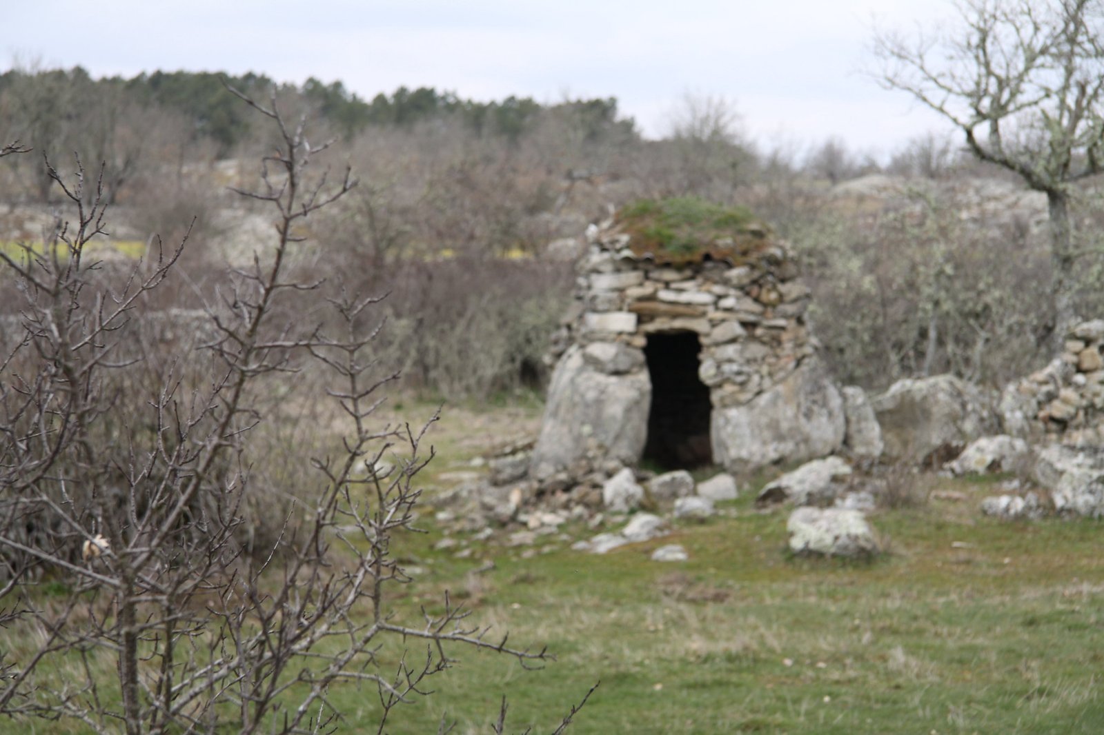 Pequeña construcción de piedra (casito) entre peñas y matorral, en Bermillo de Sayago