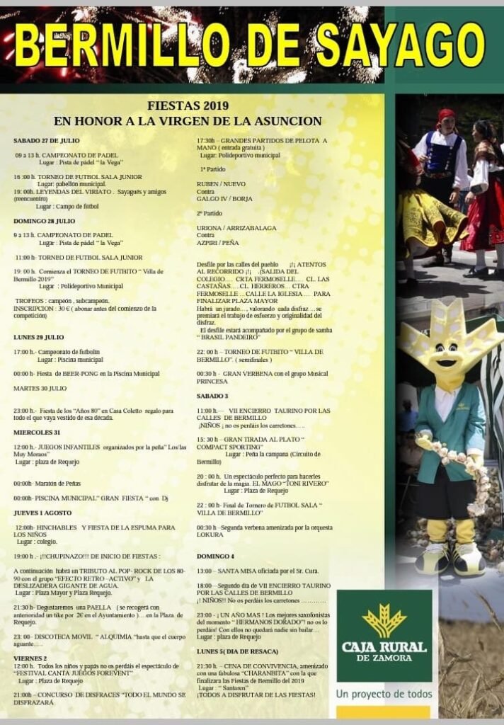 Cartel de las fiestas de Bermillo de Sayago 2019 en honor a la Virgen de la Asunción, con el programa del 27 de julio al 5 de agosto