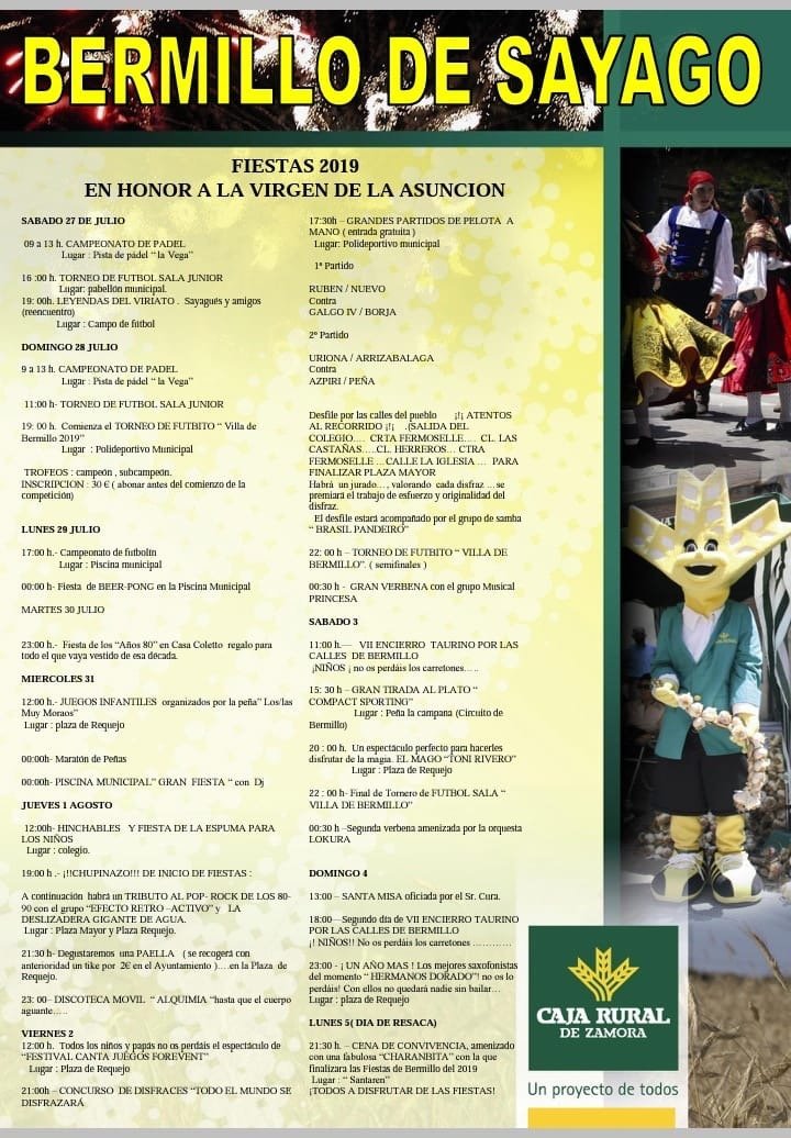 Cartel de las fiestas de Bermillo de Sayago 2019 en honor a la Virgen de la Asunción, con el programa del 27 de julio al 5 de agosto