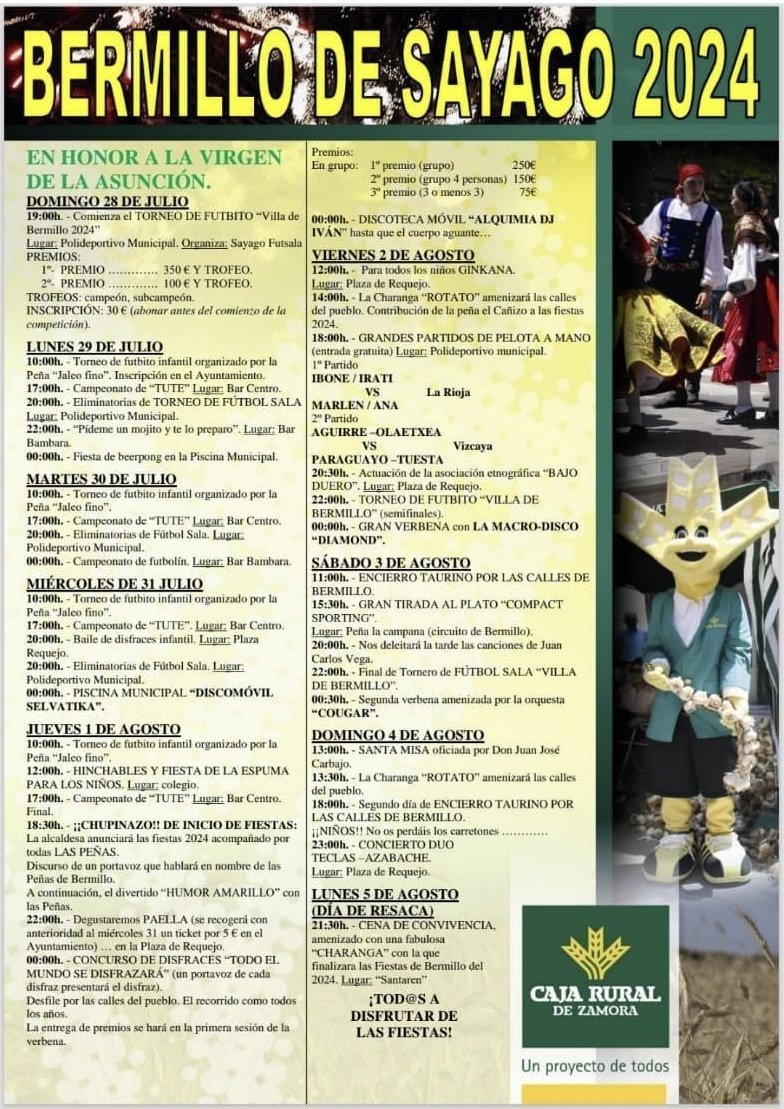 Cartel de las fiestas de Bermillo de Sayago 2024 en honor a la Virgen de la Asunción, con el programa del 28 de julio al 5 de agosto
