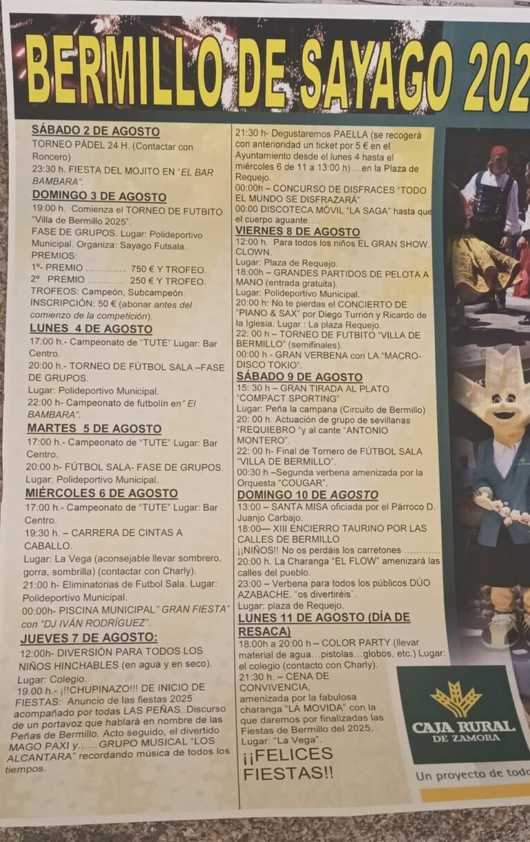 Cartel de las fiestas de Bermillo de Sayago 2025 en honor a la Virgen de la Asunción, con el programa del 2 al 11 de agosto