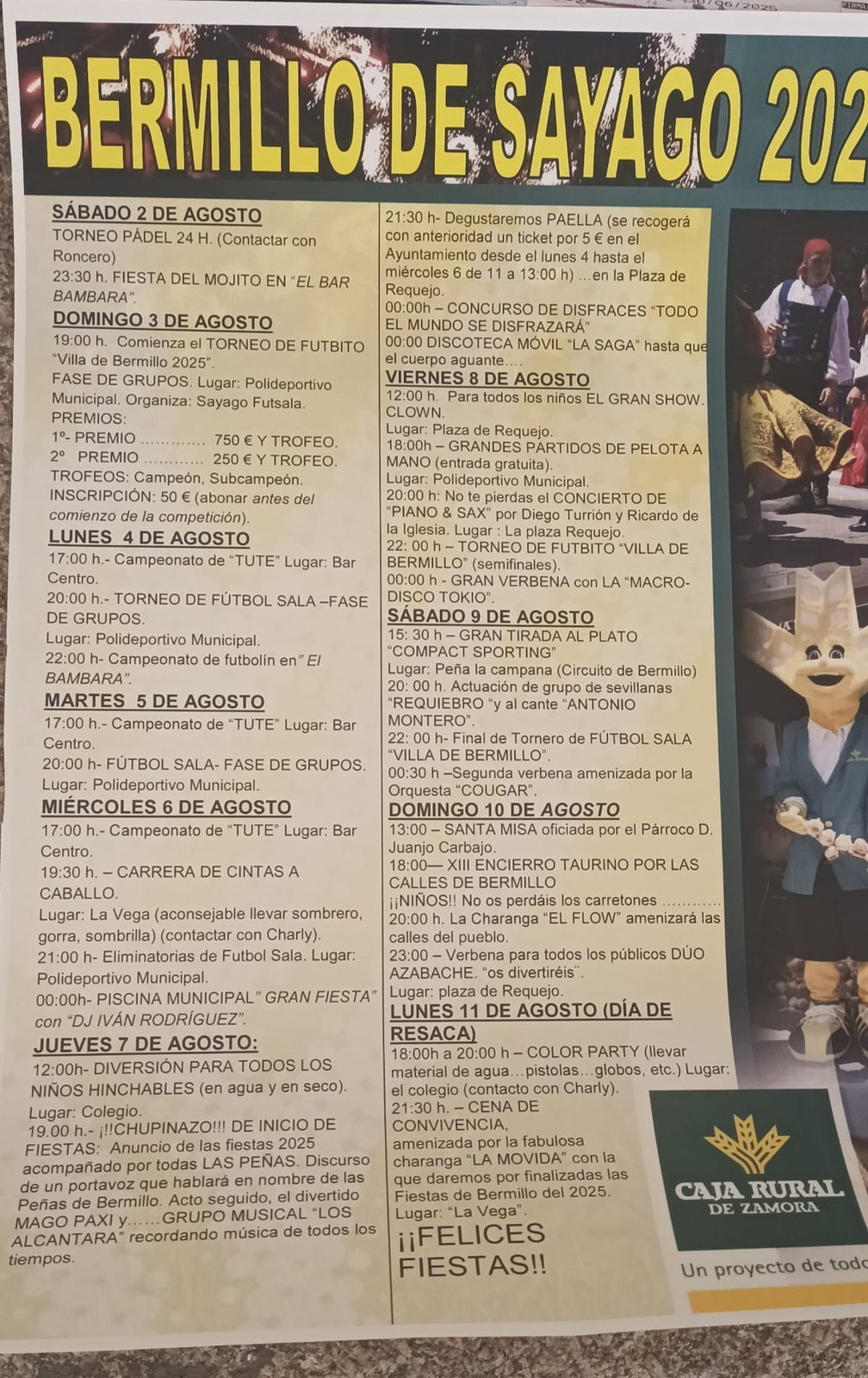 Cartel de las fiestas de Bermillo de Sayago 2025 en honor a la Virgen de la Asunción, con el programa del 2 al 11 de agosto
