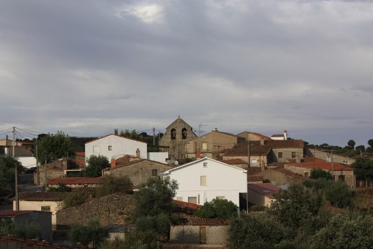 Casas de piedra y tejados de Pinilla de Fermoselle, con la espadaña de la iglesia, vistos desde la Peñica del Cura