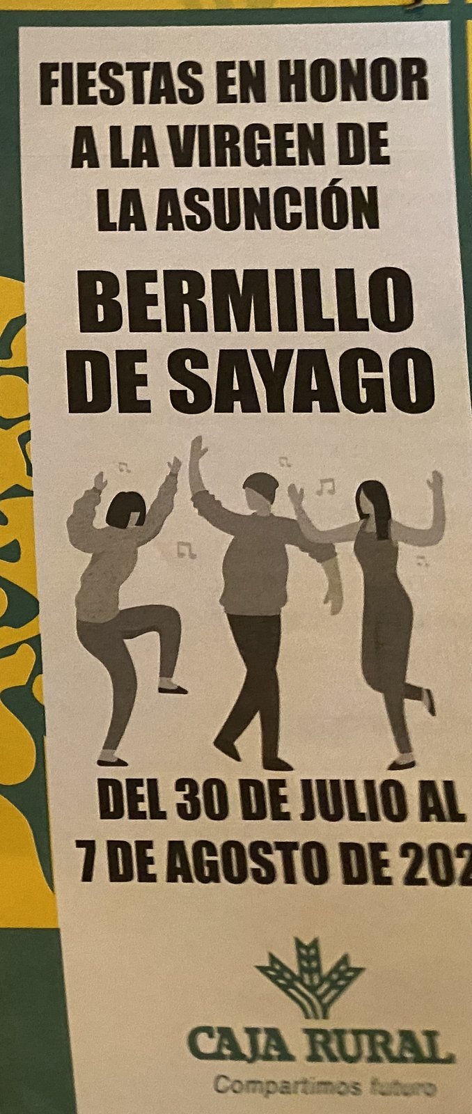 Portada del tríptico de las fiestas de Bermillo de Sayago 2022 en honor a la Virgen de la Asunción, con tres personas bailando